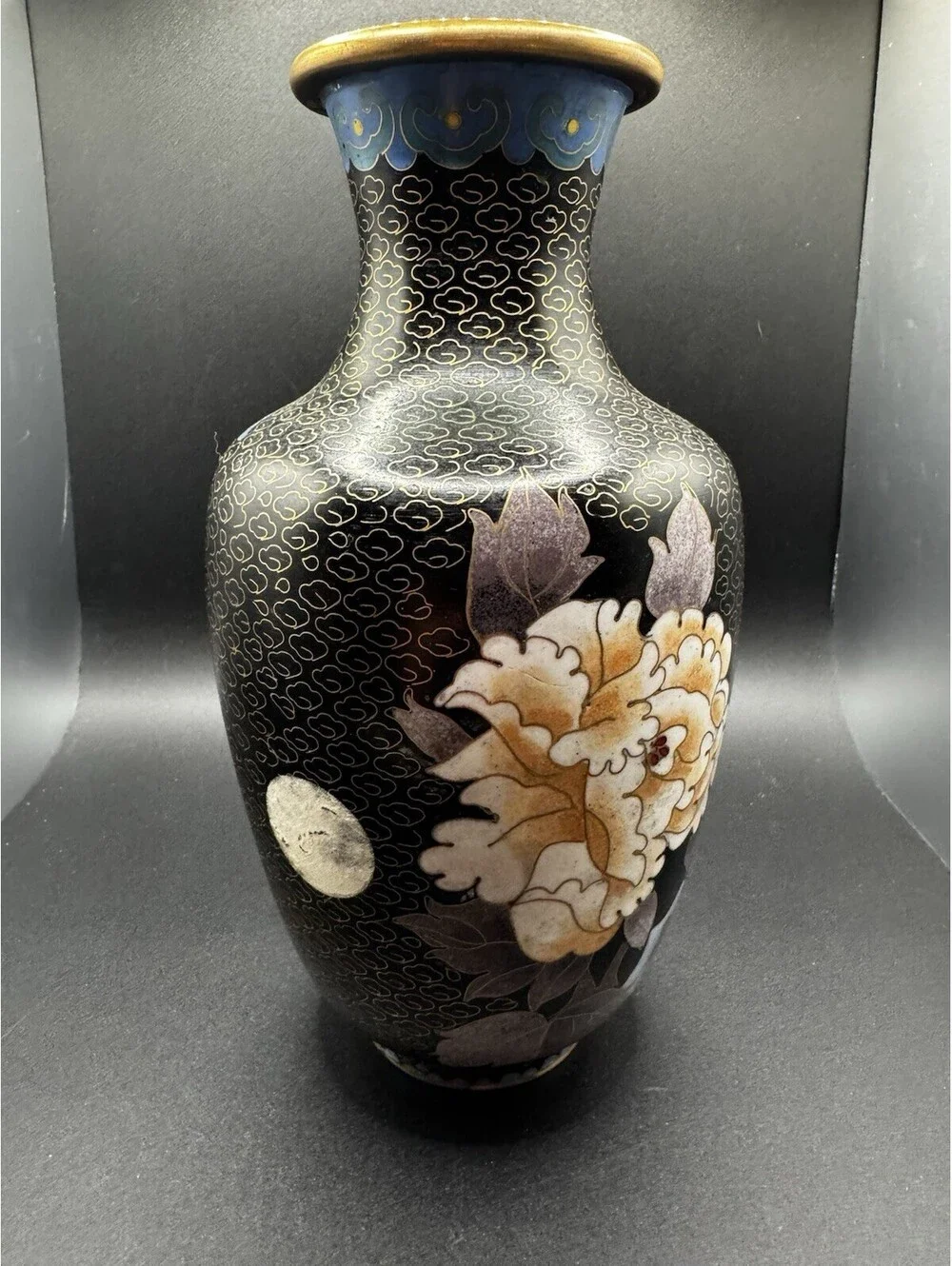 Vintage Brass And Cloisonne Vase China - 8” Flowers Butterfly - Pink & Yellow